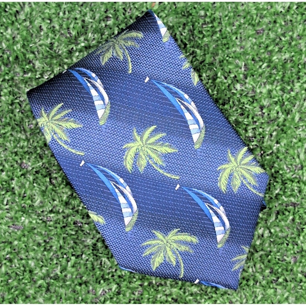 Tango Sailboat Palm Tree Mens Dress Necktie Blue Striped Green Orange 100% Silk